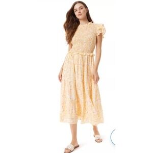 Sam Edelman Matilda Smocked Midi Dress Yellow Floral Sunburst Rose Size M NWT